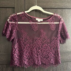 Purple Floral Lace Mesh Sheer Top